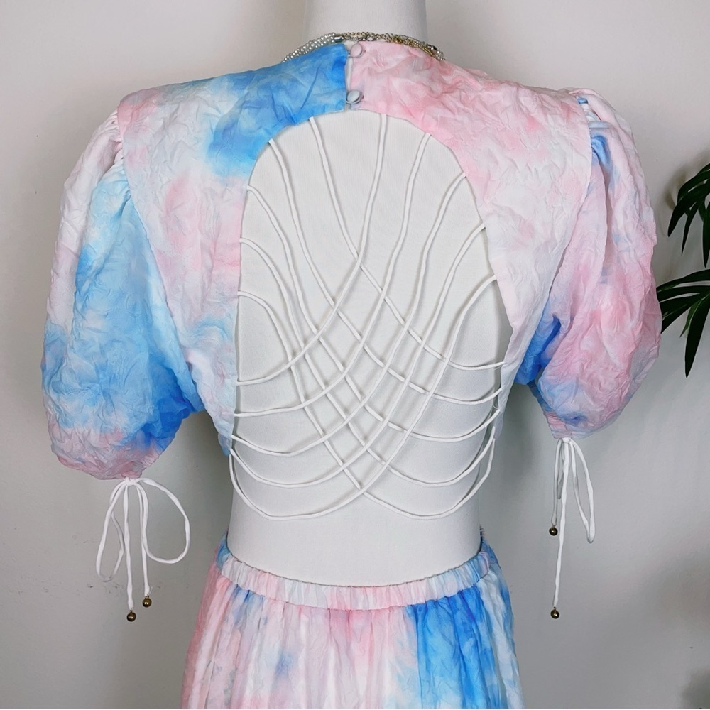 Elliatt Reflection Color Dye Laced Up Open Back Midi Dress Pink Blue Multi - Picture 6 of 10